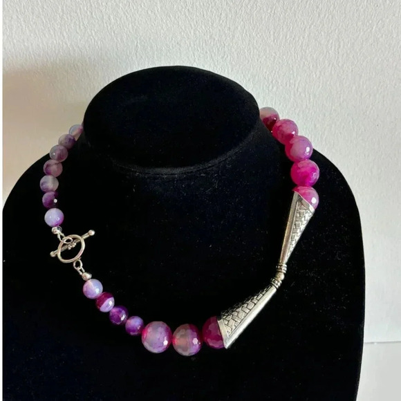 Agate Womens Silver Plated Round Beaded Necklace Multicolor Size 8" - Picture 1 of 9